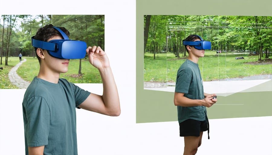 Side-by-side comparison of virtual reality park experience and actual park scenery