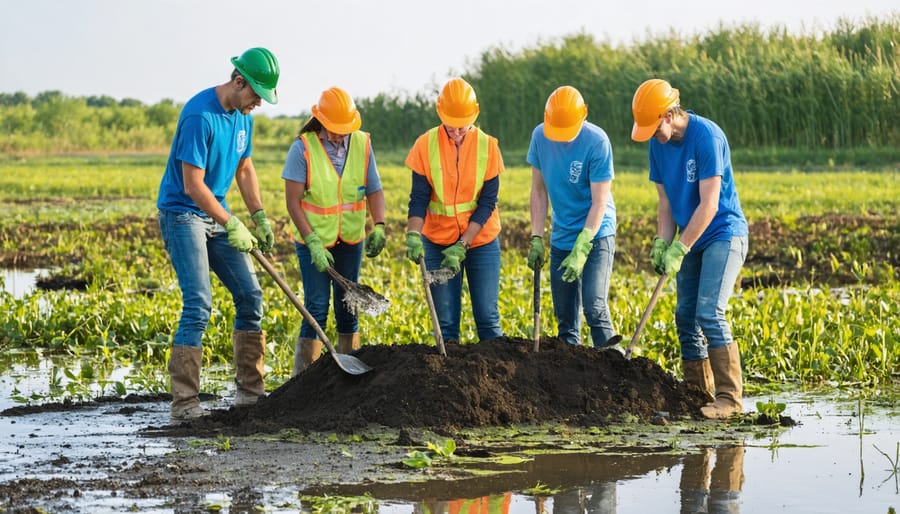 Mixed group of community members planting native species in a wetland area