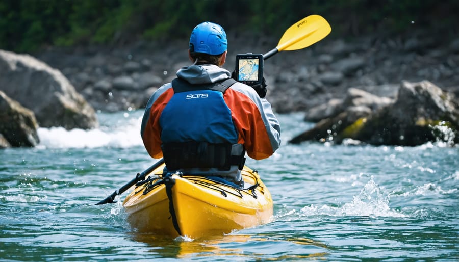 Geocacher in kayak searching for water-based cache in Ontario park