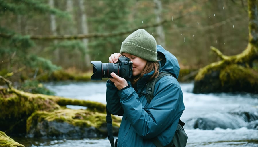 Photographer with protected camera gear capturing nature scenes in rainy conditions