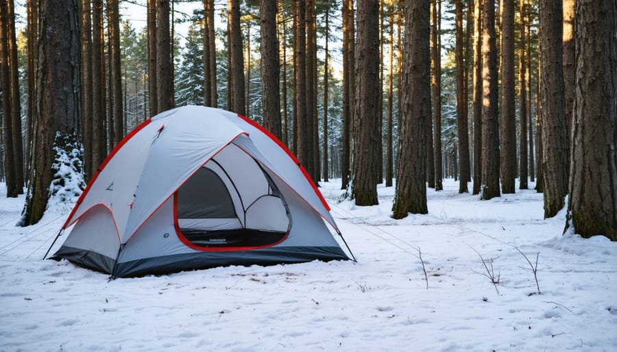 Four-season tent set up in a snow-covered Ontario forest with evergreen trees