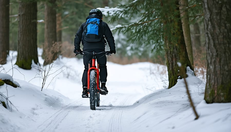 Mountain biker on fat tire bike traversing snow-covered single track through winter forest