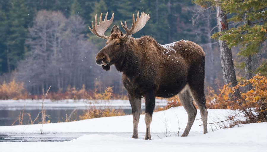 Adult male moose with large antlers walking through deep snow surrounded by winter forest in Algonquin Park