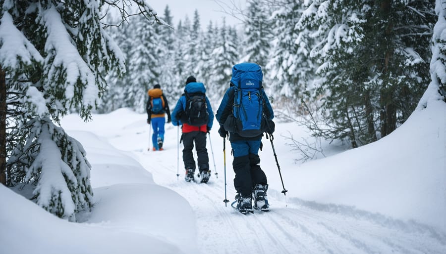 Winter camping enthusiasts snowshoeing on a trail with camping gear