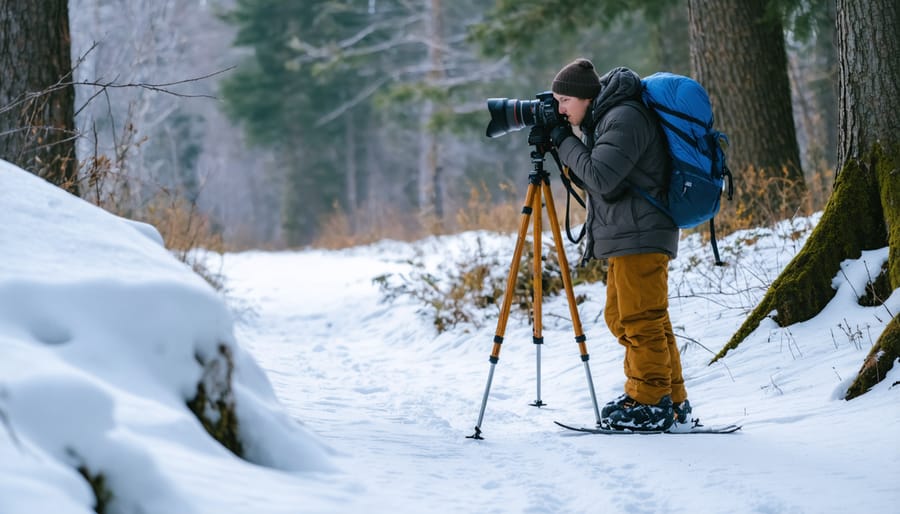 Person wearing snowshoes photographing wildlife with professional camera equipment in snowy conditions