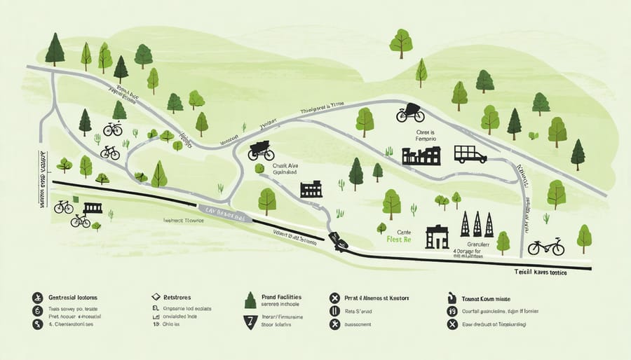 Illustrated map of Toronto Zoo's nature trail with amenities and landmarks marked