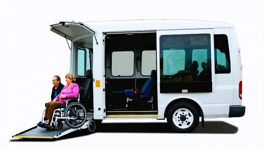 Accessible paratransit vehicle with extended wheelchair ramp and attendant assisting passenger
