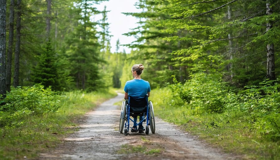 Wheelchair user enjoying scenic boardwalk trail surrounded by forest in Ontario Parks