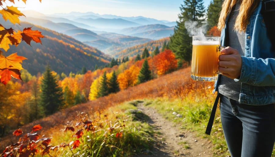 Person enjoying artisan cider on an autumn hiking trail with fall foliage