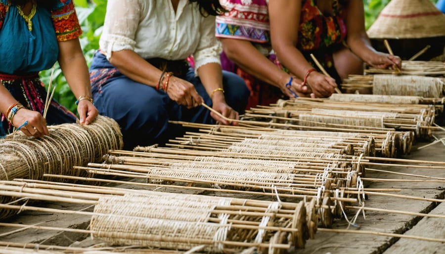 Indigenous artist demonstrating traditional basket weaving to museum visitors