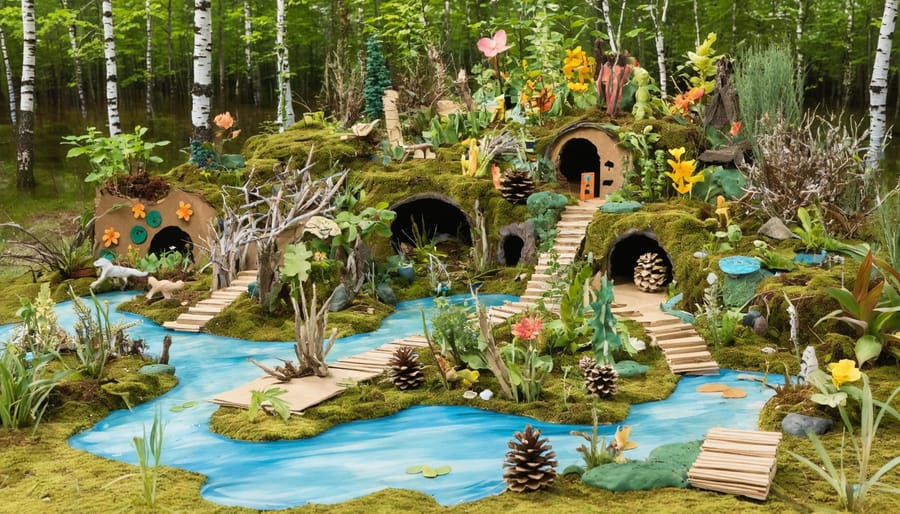 Families and children gather in an Ontario park, enthusiastically crafting a 3D ecosystem model using recycled and natural materials, surrounded by the vibrant flora and fauna of the park landscape.