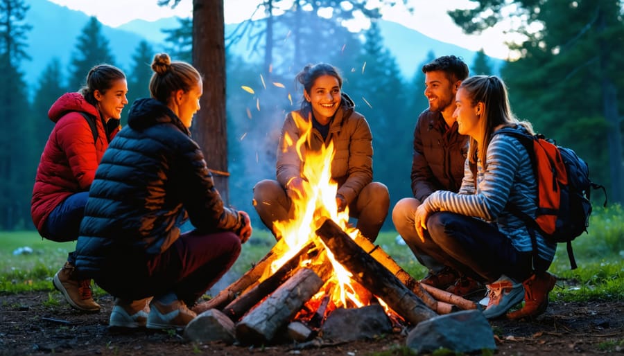 Park storyteller engaging with audience around evening campfire in Ontario park