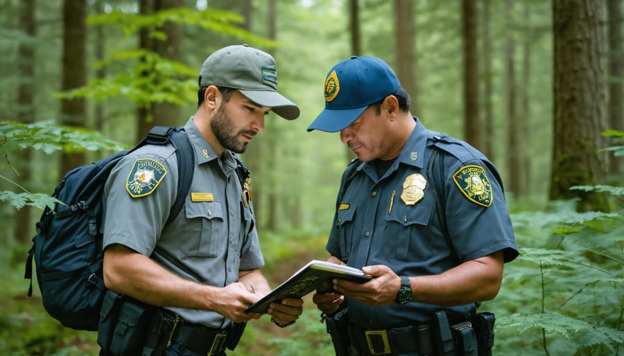 Indigenous knowledge keeper and Ontario Parks staff member working together in forest setting