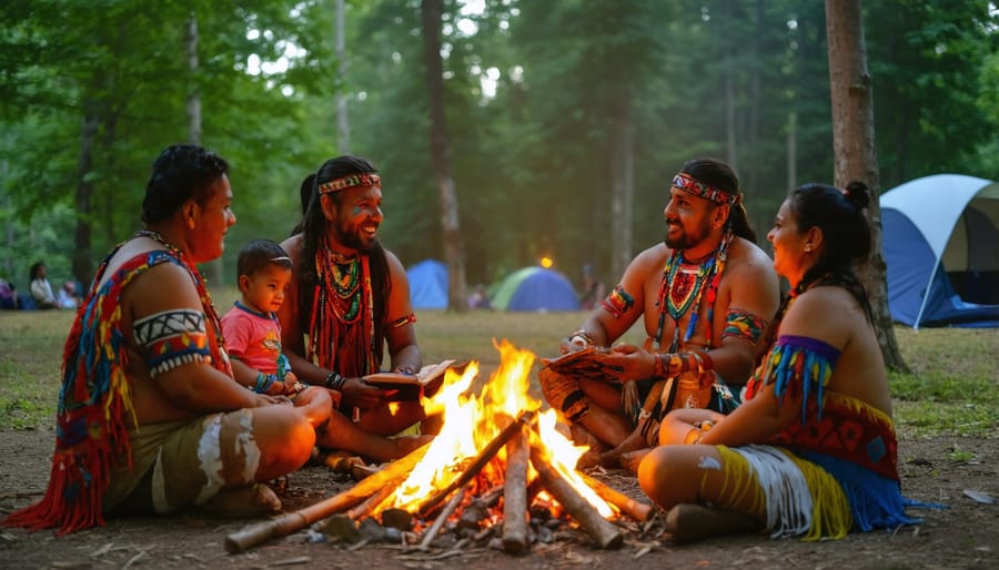 Group gathered around campfire participating in Indigenous language storytelling session