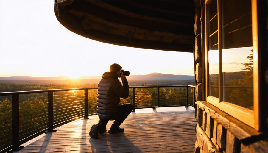 Person taking photos from an official park viewing platform during golden hour