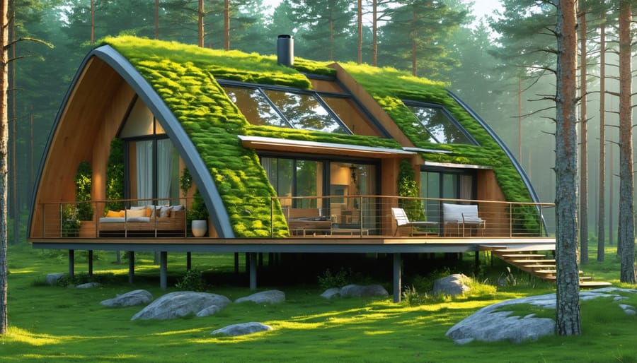 Sustainable cabin accommodation featuring living roof and natural integration
