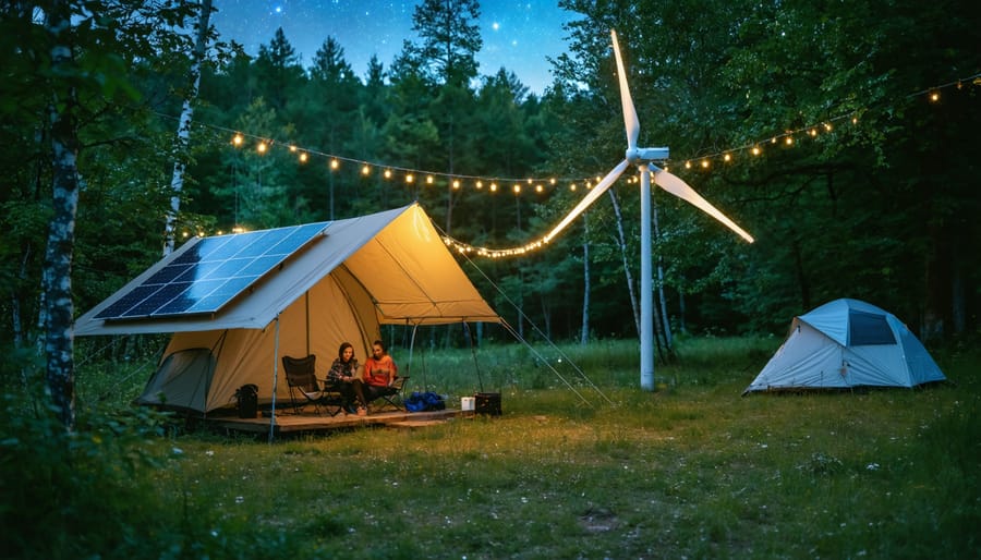 Campers in an Ontario park using solar panels and wind turbines, lit by LED lights, enjoying an eco-friendly camping experience under a starry sky.