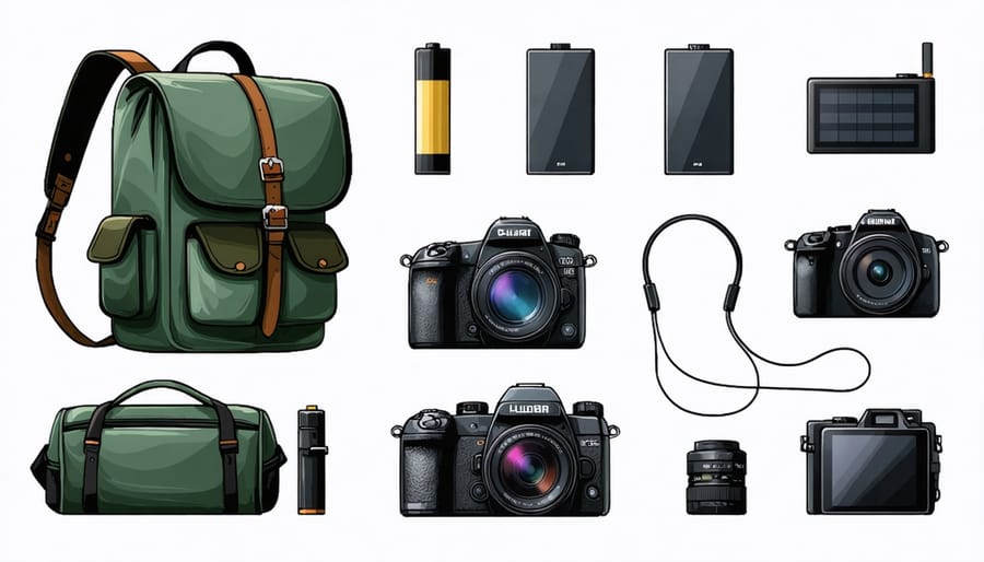 Flat lay arrangement of environmentally conscious photography equipment and accessories