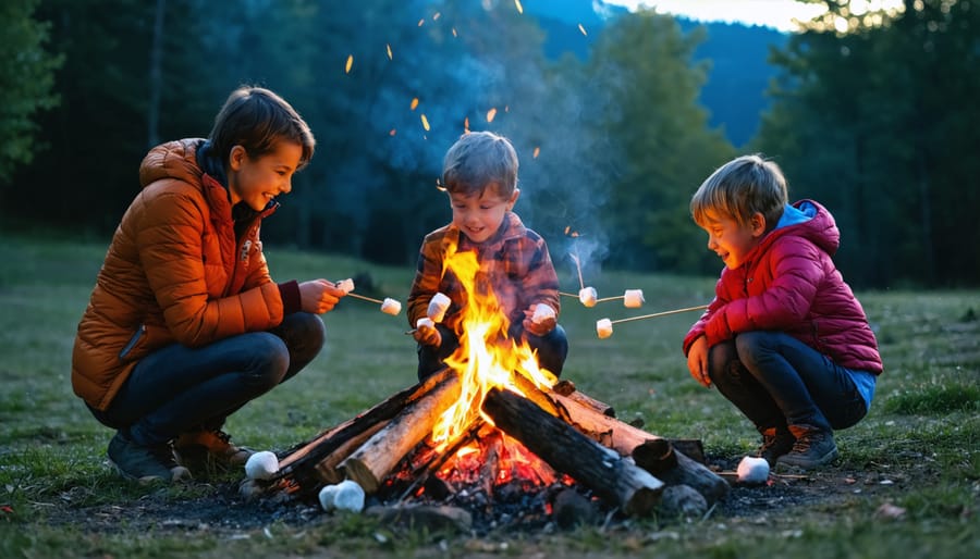 Group of families gathered around a campfire at dusk, enjoying outdoor entertainment