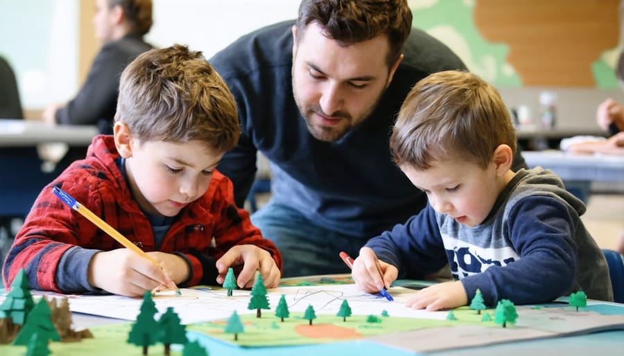 Parents and children creating a 3D ecosystem model during a park workshop