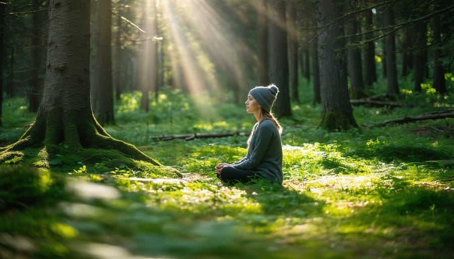 Individual meditating among tall trees in a peaceful Ontario forest setting