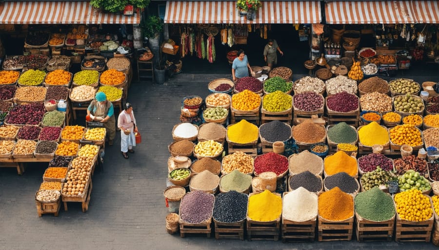 Overhead view of New Orleans' historic French Market with colorful displays of local ingredients and spices