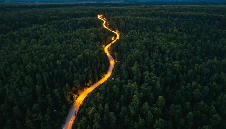 Illuminated nature trail with solar-powered lights casting a gentle glow through forest canopy