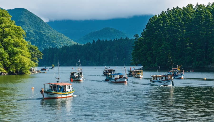 Panoramic view of Fushimi Lake with anglers in boats and forested shoreline