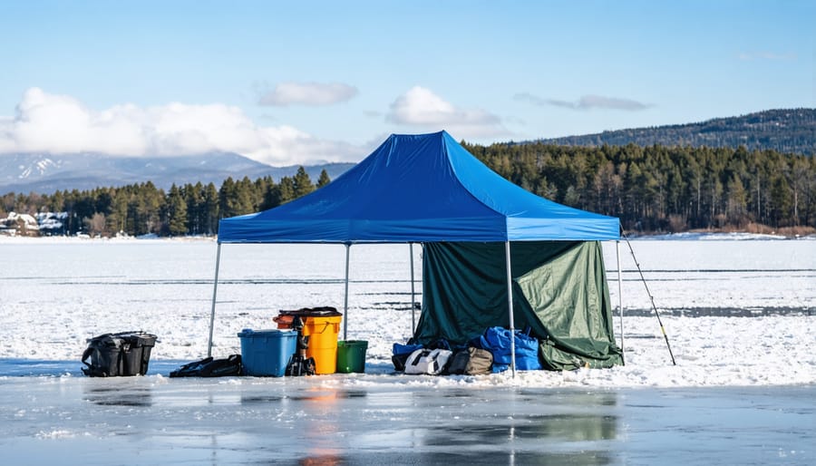 Winter scene of ice fishing huts and anglers on frozen Fushimi Lake