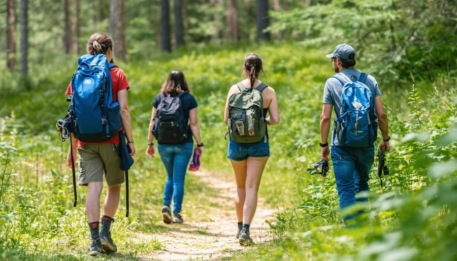 Diverse group of visitors learning about local ecology from land trust guides and Indigenous teachers on a nature trail