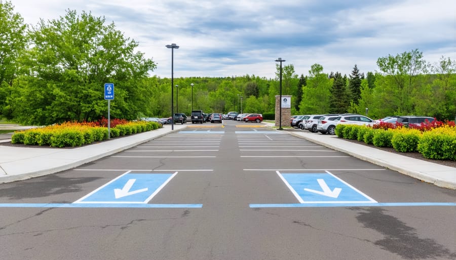 Organized parking area with designated spots and informational signs at a heritage trail entrance