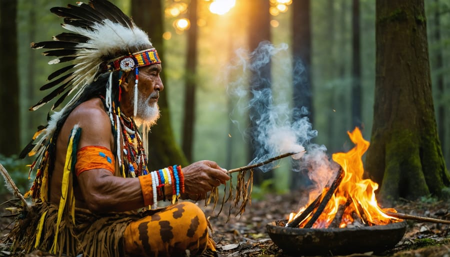 Elder performing traditional smudging ceremony with sage in Ontario park at dusk