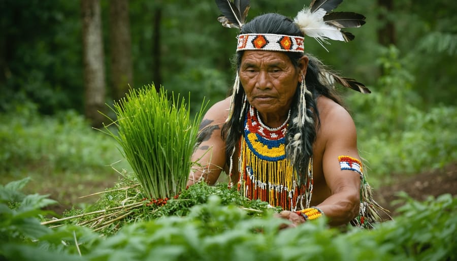 Indigenous knowledge keeper demonstrating sustainable plant harvesting methods to conservation workers