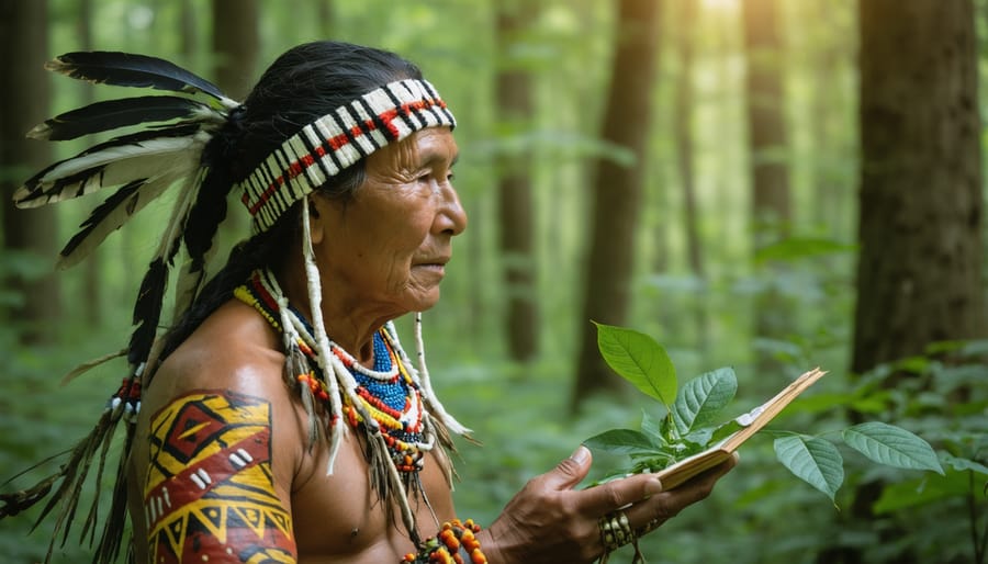 Elder pointing to native plants while teaching Indigenous language to a small group in an Ontario park