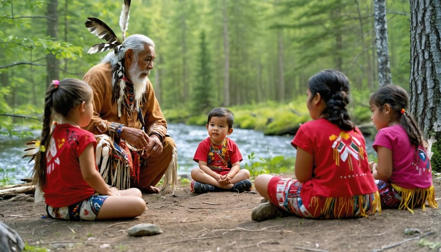 An Indigenous elder guiding a language learning group through a scenic Ontario park, highlighting the integration of language learning with nature. The scene includes diverse participants, traditional cultural artifacts, and Ontario's natural beauty, emphasizing the connection between language, culture, and the environment.