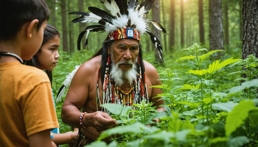 Elder showing young people how to identify and harvest traditional medicinal plants