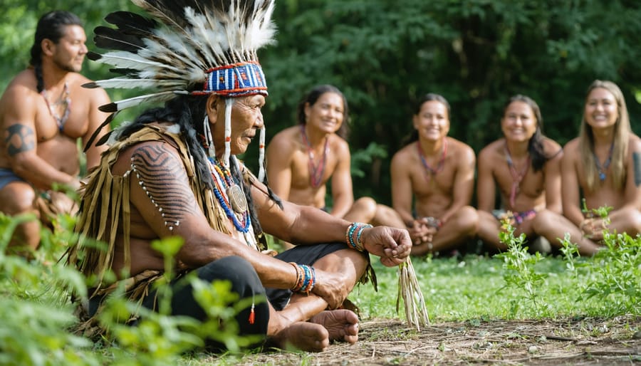 Indigenous storyteller sharing cultural narratives in Ontario park setting