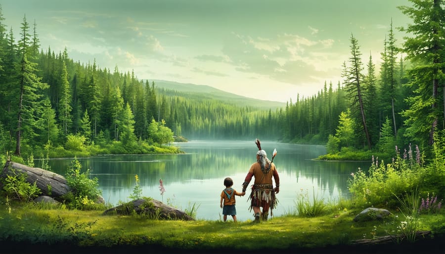 A conceptual representation of Ontario's wilderness showing the blending of Indigenous land stewardship with modern conservation, featuring a lush forest, a pristine lake, a Three Sisters garden, and an elder guiding youth.