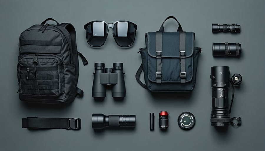 Display of recommended equipment for nighttime wildlife viewing including flashlights, binoculars, and warm clothing