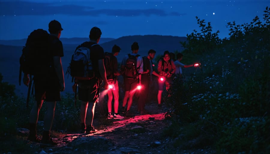 Park visitors following a guide on a nighttime trail, using special red lights for wildlife viewing