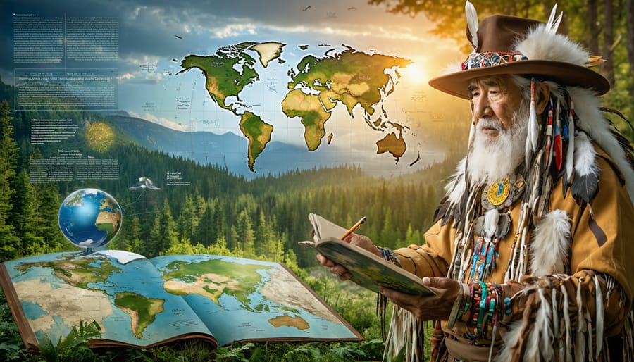 A conceptual illustration depicting the collaboration between Indigenous wisdom and modern conservation methods in Ontario. The scene shows an Indigenous elder sharing stewardship practices with a conservationist against a background of Ontario's natural landscapes, symbolizing the fusion of traditional and contemporary conservation strategies.