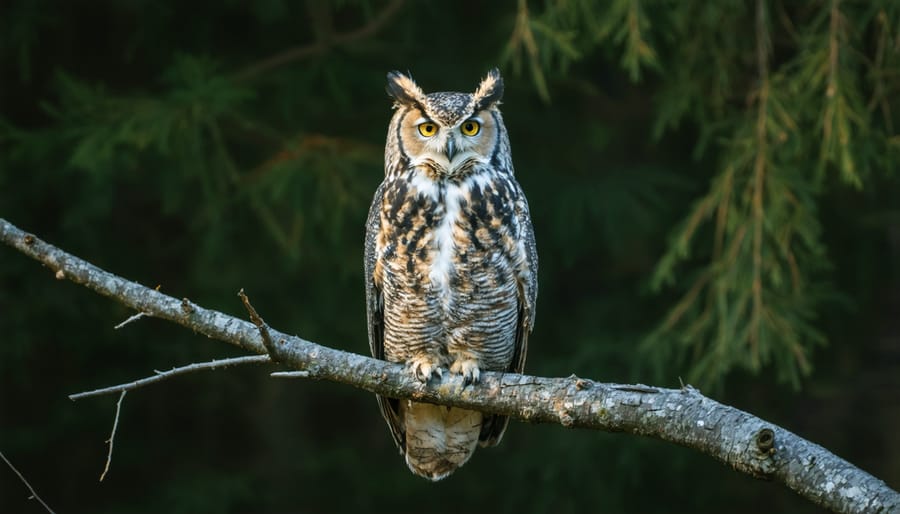 Great Horned Owl watching intently from a tree branch during twilight hours