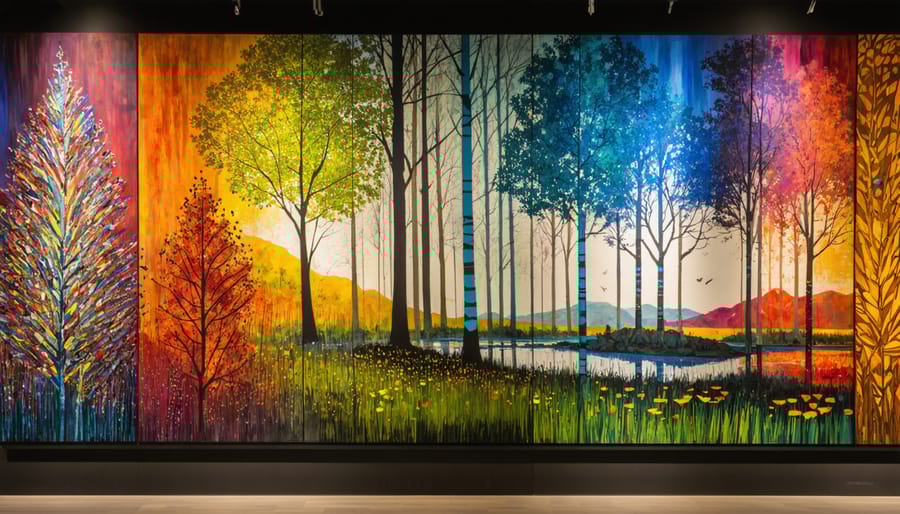 Conceptual illustration representing the fusion of traditional and contemporary Indigenous art, featuring vibrant brushstrokes, beadwork, and sculptures symbolizing ancient stories and modern cultural expressions in Ontario museums.