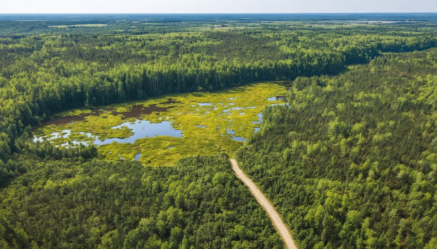 Bird's eye view of diverse Ontario conservation land with forest patches, wetlands, and maintained trails