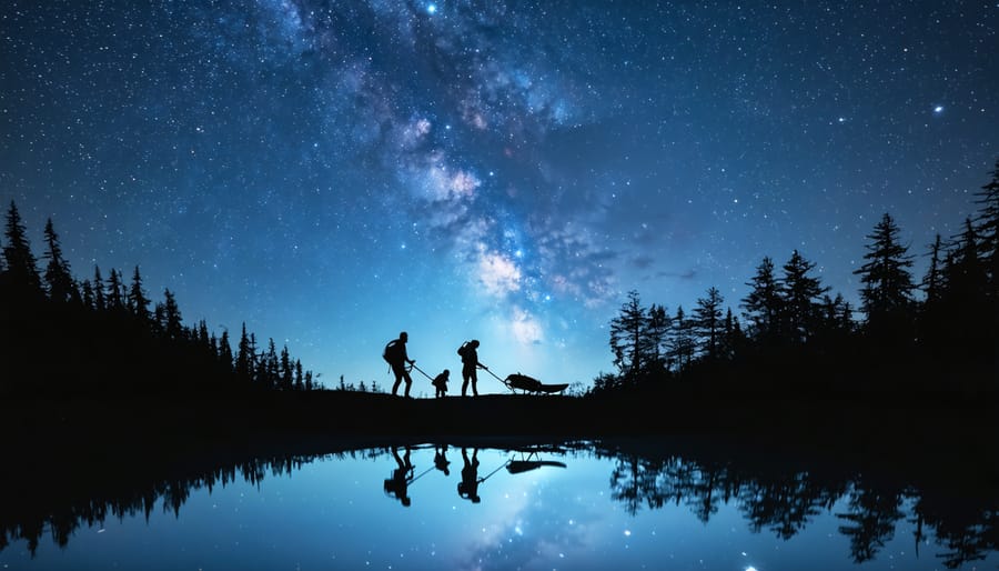 Silhouetted group of people enjoying various nighttime activities in an Ontario park, with a stunning view of the Milky Way galaxy brightening the starry sky, and reflections of celestial beauty captured in a serene lake.