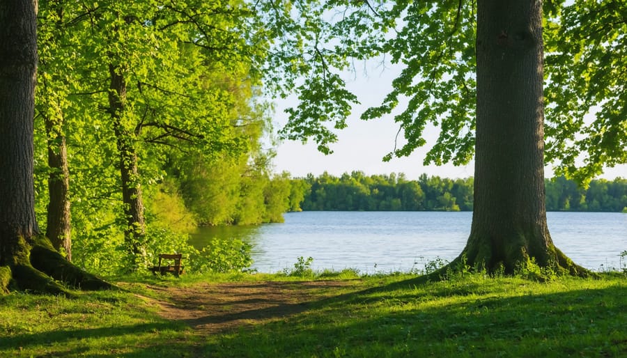 Tranquil lake view in an Ontario provincial park surrounded by forest at golden hour