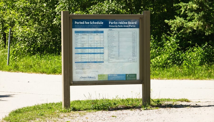 Information board displaying current camping permit fees and regulations at Ontario Parks