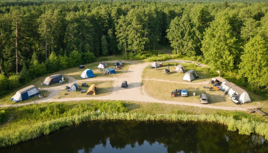 Bird's eye view of a group camping area with tents, picnic tables, and communal spaces surrounded by forest