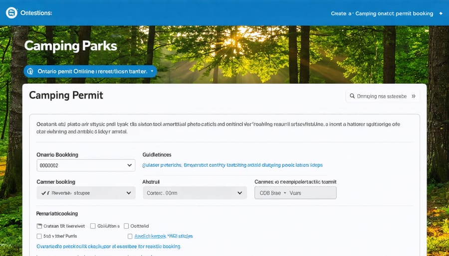 Ontario Parks reservation website interface displaying campsite booking options and calendar
