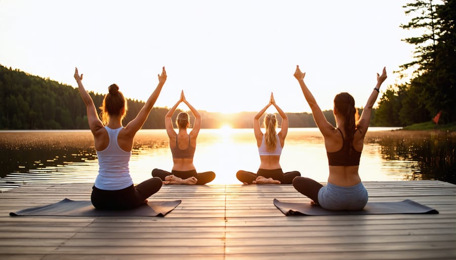 Yoga class practicing on wooden dock overlooking a misty Ontario lake at dawn
